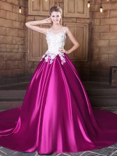  Fuchsia Scoop Neckline Appliques Quince Ball Gowns Sleeveless Lace Up