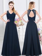  Backless V-neck Sleeveless Quinceanera Court Dresses Floor Length Lace and Ruching Navy Blue Chiffon