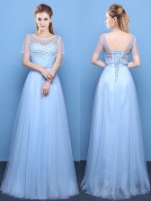 Stunning Scoop Light Blue Short Sleeves Floor Length Beading Lace Up 