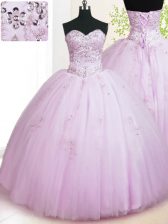  Lilac Ball Gowns Beading and Appliques Quinceanera Gowns Lace Up Tulle Sleeveless Floor Length