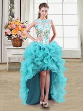 Free and Easy See Through Scoop Sleeveless Zipper Dress for Prom Aqua Blue Organza