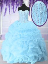  Blue Ball Gowns Organza Sweetheart Sleeveless Beading and Ruffles Floor Length Lace Up Quince Ball Gowns