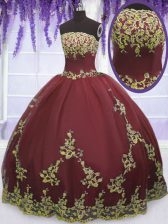 Pretty Burgundy Tulle Zipper Strapless Sleeveless Floor Length Vestidos de Quinceanera Appliques