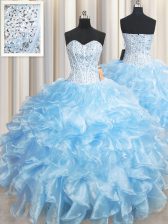 Attractive Baby Blue Sleeveless Organza Lace Up Vestidos de Quinceanera for Military Ball and Sweet 16 and Quinceanera