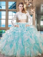  Scoop Floor Length Aqua Blue Quinceanera Dresses Organza Long Sleeves Beading and Lace and Ruffles