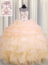 High Class See Through Floor Length Peach Sweet 16 Quinceanera Dress Scoop Sleeveless Lace Up