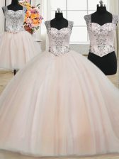 Custom Fit Three Piece Straps Pink Sleeveless Floor Length Beading Zipper Vestidos de Quinceanera