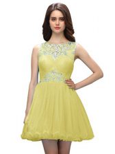  Scoop Light Yellow Zipper Prom Dress Beading Sleeveless Mini Length