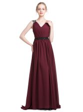 Spectacular Chiffon V-neck Sleeveless Brush Train Zipper Lace Prom Gown in Burgundy