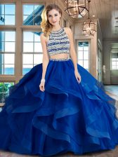  Scoop Beading and Ruffles Vestidos de Quinceanera Royal Blue Backless Sleeveless With Brush Train