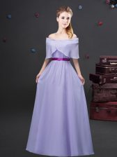 Smart Lavender Off The Shoulder Zipper Ruching and Belt Quinceanera Dama Dress Half Sleeves