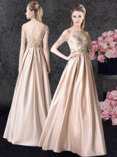 Flare Scoop Champagne Taffeta Zipper Evening Dress Half Sleeves Floor Length Appliques