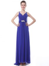 High Quality Blue Column/Sheath Chiffon Straps Sleeveless Beading and Ruching With Train Side Zipper Prom Dresses Brush Train