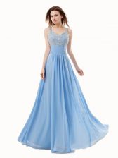  Floor Length Side Zipper Homecoming Dress Blue for Prom with Beading
