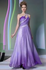 Sumptuous One Shoulder Beading and Ruching Prom Party Dress Lavender Side Zipper Sleeveless Floor Length