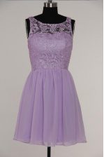 Latest Scoop Lavender A-line Lace Evening Dress Zipper Chiffon and Lace Sleeveless Knee Length