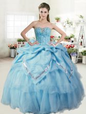 Custom Made Baby Blue Sleeveless Floor Length Beading and Pick Ups Lace Up 15 Quinceanera Dress