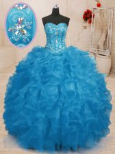 Great Sleeveless Floor Length Beading and Ruffles Lace Up 15th Birthday Dress with Baby Blue