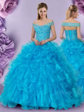  Baby Blue Ball Gowns Off The Shoulder Sleeveless Organza Floor Length Lace Up Beading and Lace and Ruffles Quince Ball Gowns