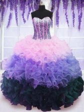Beauteous Floor Length Multi-color 15 Quinceanera Dress Organza Sleeveless Beading and Ruffles and Ruffled Layers