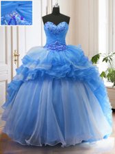 Flare Ruffled With Train Ball Gowns Sleeveless Blue Quinceanera Gown Sweep Train Lace Up