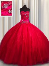 Top Selling Sequined Beading and Appliques Vestidos de Quinceanera Red Lace Up Sleeveless Floor Length