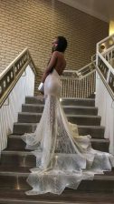 High Quality Halter Top Lace Mermaid Sleeveless Silver Prom Evening Gown Court Train Backless