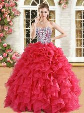 Red Ball Gowns Beading and Ruffles Sweet 16 Dress Lace Up Organza Sleeveless Floor Length