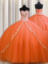  Orange Quinceanera Dresses Military Ball and Sweet 16 and Quinceanera with Beading Sweetheart Sleeveless Brush Train Lace Up