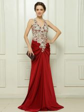 Enchanting V-neck Sleeveless With Brush Train Beading and Appliques Red Elastic Woven Satin