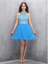 Dramatic Blue High-neck Zipper Beading Dress for Prom Sleeveless