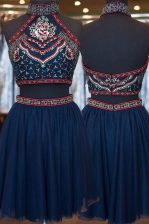Graceful Navy Blue Tulle Zipper Sleeveless Knee Length Embroidery