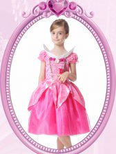 Modern Short Sleeves Knee Length Beading and Hand Made Flower Clasp Handle Flower Girl Dress with Hot Pink