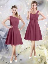  Burgundy Chiffon Zipper Asymmetric Sleeveless Knee Length Vestidos de Damas Ruching