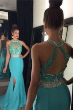 Classical Halter Top Aqua Blue Sleeveless With Train Beading and Appliques Zipper Prom Dresses