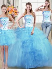  Three Piece Sleeveless Floor Length Beading and Appliques and Ruffles Lace Up Quinceanera Dress with Baby Blue