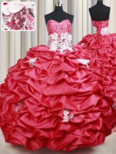 Best Beading and Appliques and Sequins and Pick Ups Quinceanera Dresses Coral Red Lace Up Sleeveless With Brush Train