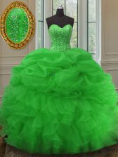 Green Sleeveless Beading and Ruffles and Pick Ups Floor Length Quinceanera Dress