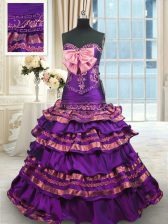  Purple Lace Up 15 Quinceanera Dress Appliques and Ruffled Layers and Bowknot Sleeveless Brush Train