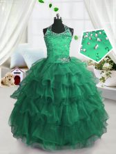Exquisite Scoop Peacock Green Sleeveless Floor Length Beading and Ruffled Layers Lace Up Little Girls Pageant Gowns