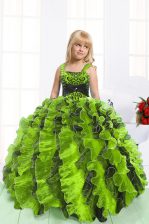Wonderful Yellow Green Ball Gowns Straps Sleeveless Organza Floor Length Lace Up Beading and Ruffles Pageant Gowns For Girls
