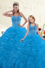 Amazing Beading and Ruffles 15th Birthday Dress Blue Lace Up Sleeveless Floor Length