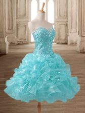 Dynamic Mini Length Aqua Blue Prom Evening Gown Organza Sleeveless Beading and Ruffles