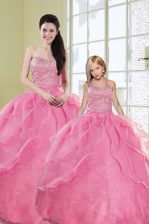 Custom Fit Floor Length Rose Pink Quinceanera Dresses Organza Sleeveless Beading and Sequins