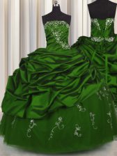  Embroidery Floor Length Lace Up Vestidos de Quinceanera Green for Military Ball and Sweet 16 and Quinceanera with Beading and Appliques and Pick Ups