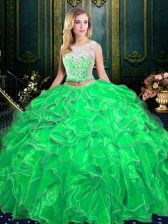 High Class Scoop Sleeveless Organza Quince Ball Gowns Lace and Ruffles Zipper
