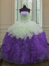  Floor Length White And Purple Quinceanera Gown Strapless Sleeveless Lace Up