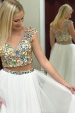 Fashion White Tulle Criss Cross Prom Dresses Cap Sleeves Floor Length Beading
