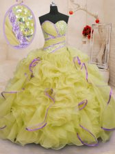 Yellow Sleeveless With Train Beading and Ruffles Lace Up 15 Quinceanera Dress
