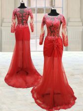 Lovely Scoop Red Long Sleeves Appliques With Train Prom Gown